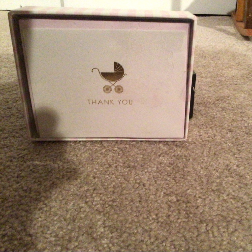 SHEFFIELD HOME THANK YOU CARDS WITH GOLD BABY CARRIAGE— NIB- 16cards/16 envelope